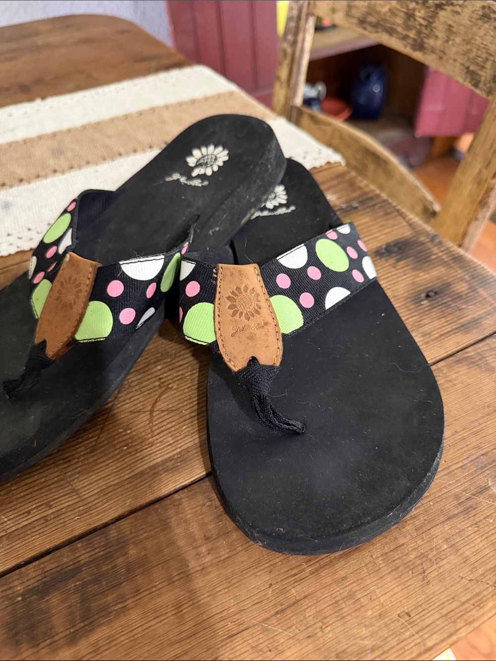 Yellow Box Black Flip Flops with Pink, Lime and White Polka Dots size 10